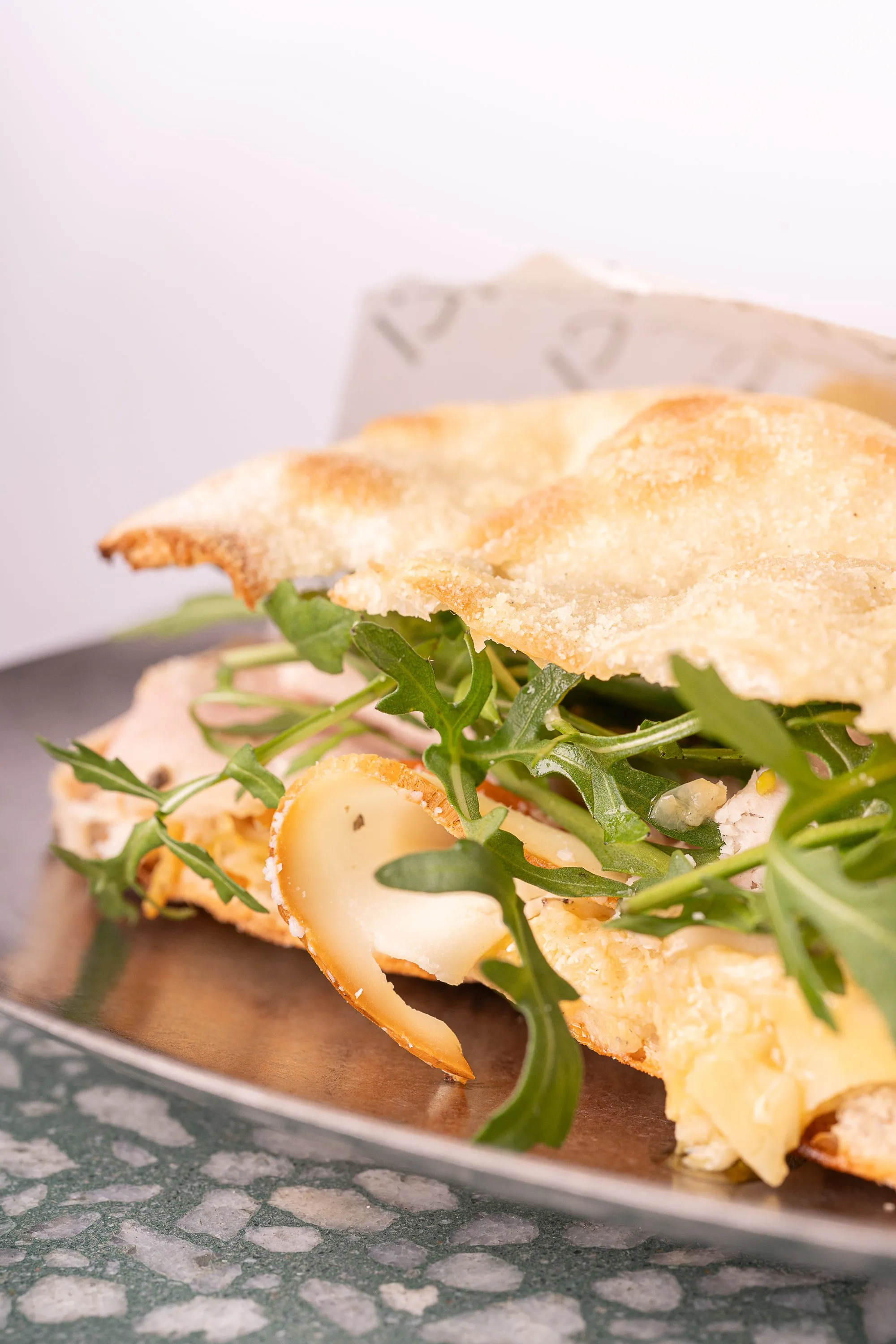 Focaccia with serrano ham and fior di latte mozzarella